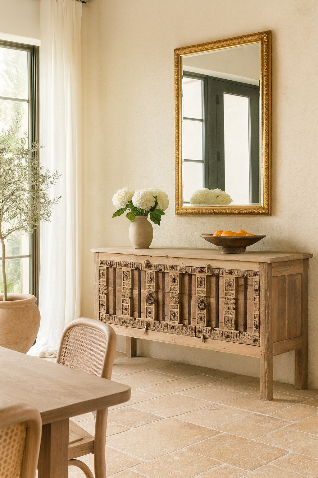 Lifestyle imagination of a console table made from old teak door panels, featuring traditional hand-carved details, iron ring accents, and built-in storage in a natural rustic finish.