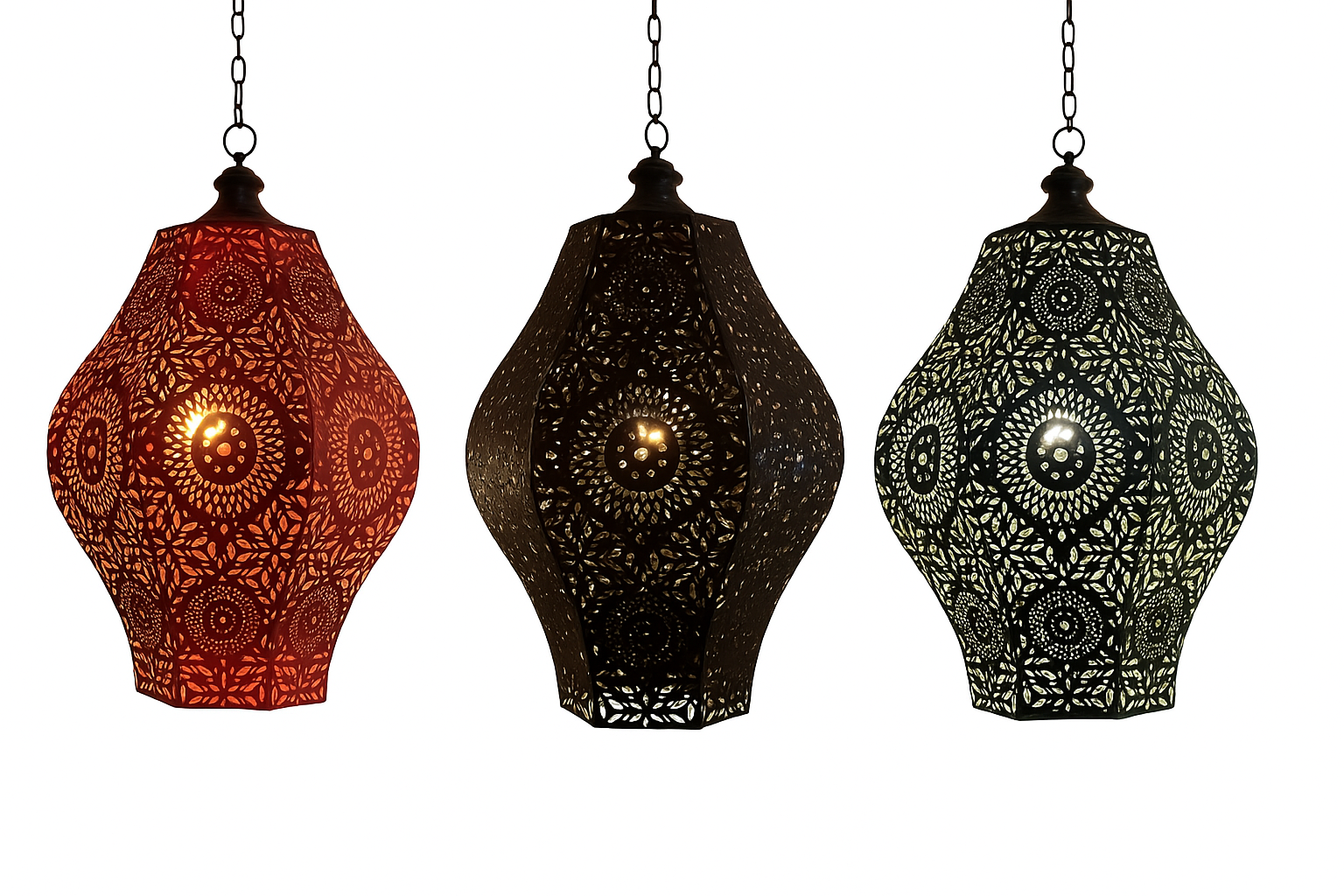 White background image of a handcrafted punched metal pendant lamp Kanha in mixed colours – 80 cm high oriental lighting with intricate patterns, ideal as decorative metal pendant light.