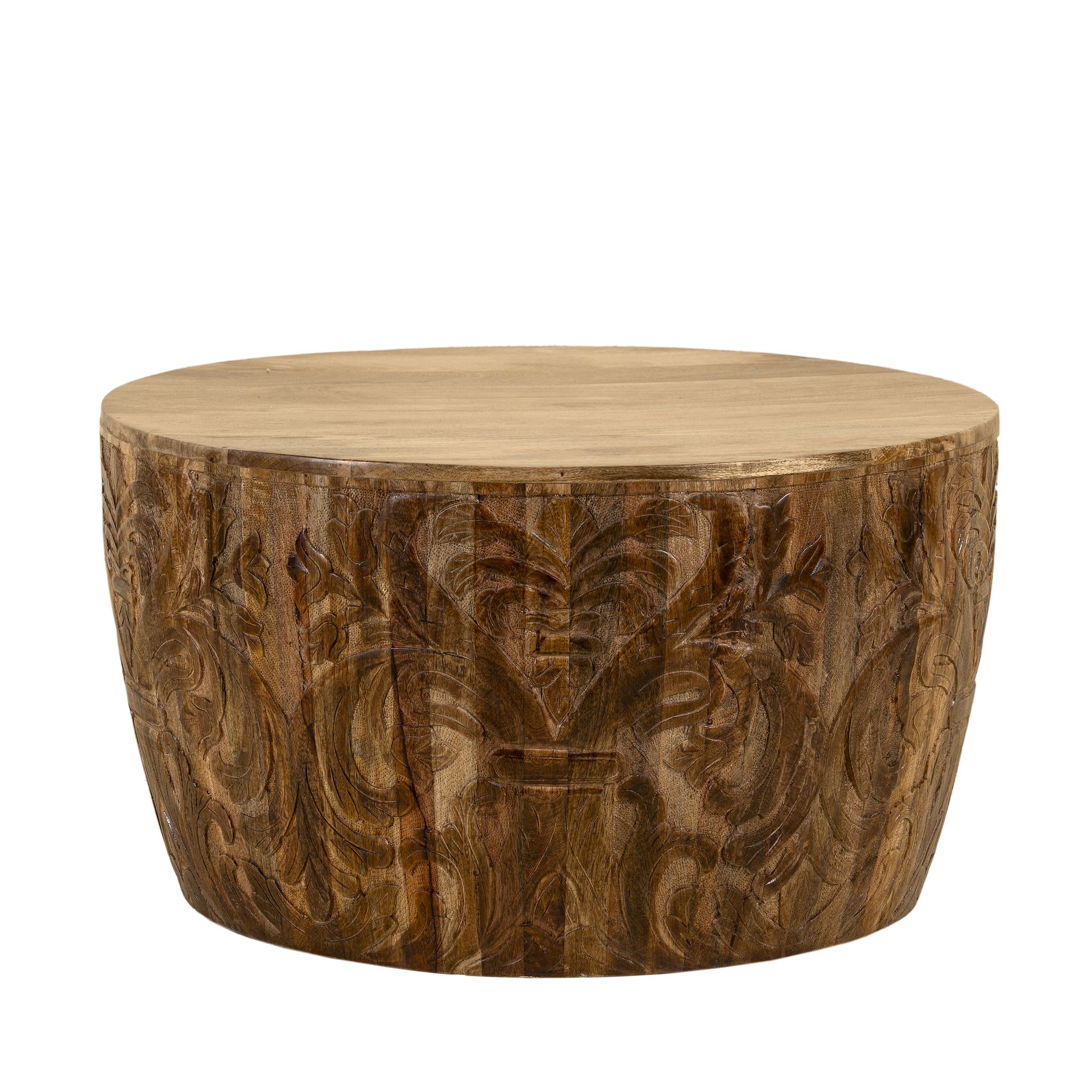 White background view of a elegant round hand carved coffee table made of sustainable Mango wood with floral design.