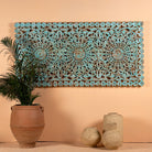 Hand-carved mango wood wall panel with floral motifs in blue finish – Kataee Blue model by Om Home & Garden