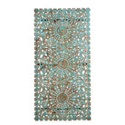 White background image of a hand-carved mango wood wall panel with floral motifs in blue finish – Kataee Blue model by Om Home & Garden