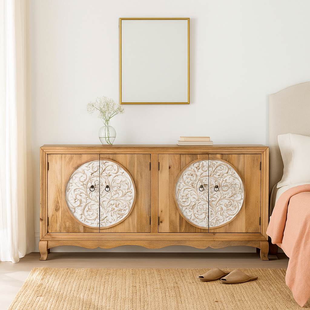 Lifestyle image of a carved wood furniture sideboard with whitewashed floral design, mango wood cabinet for boho chic living room, 180 × 40 × 90 cm.