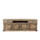 White background image of a hand-painted lowboard made of reclaimed wood with traditional Indian animal motifs, featuring drawers and cabinets for storage, rustic finish, and artisanal detailing.
