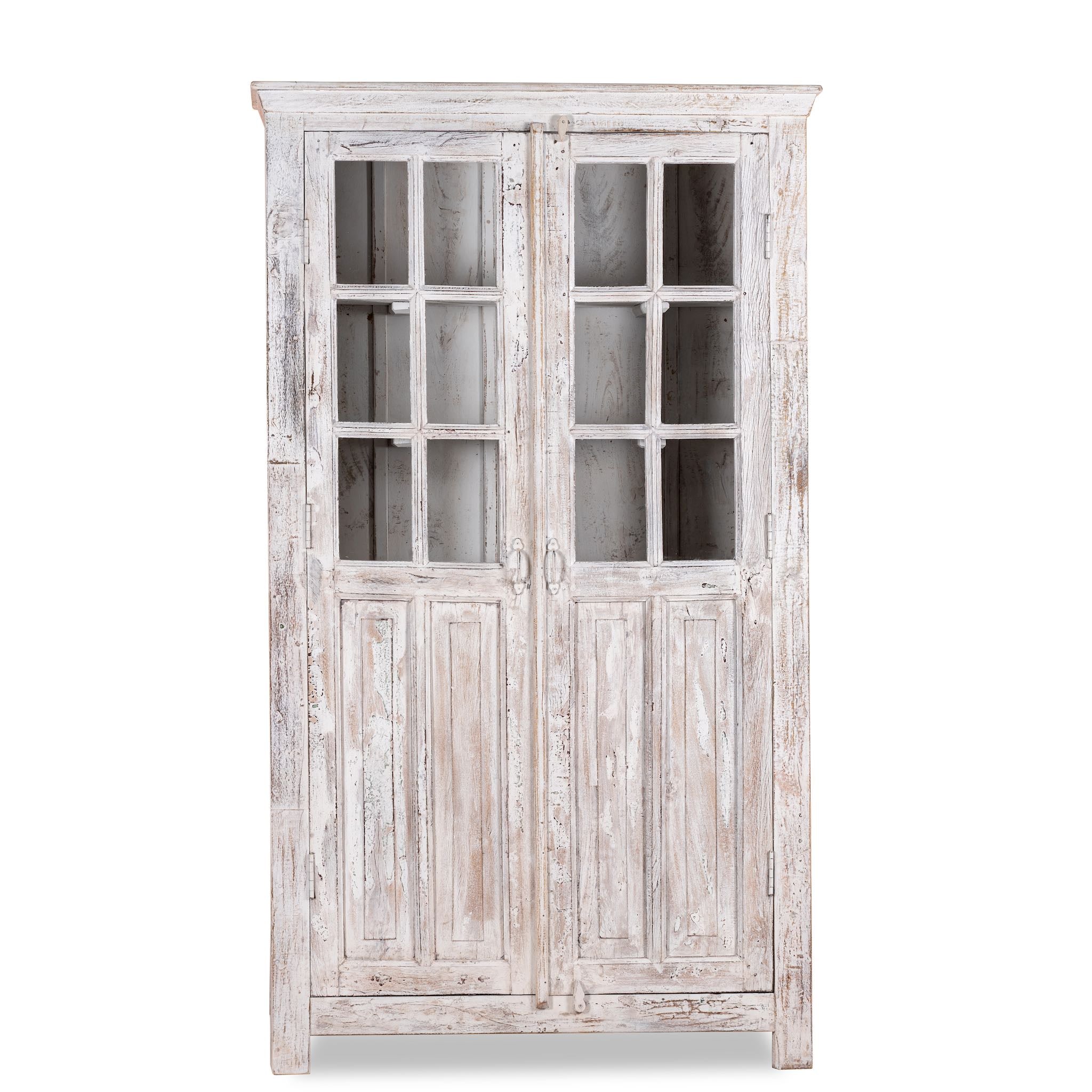 White background image of a refurbished antique teak wood display cabinet with whitewashed finish and glass doors – wooden display cabinet blending Mediterranean charm and timeless craftsmanship.