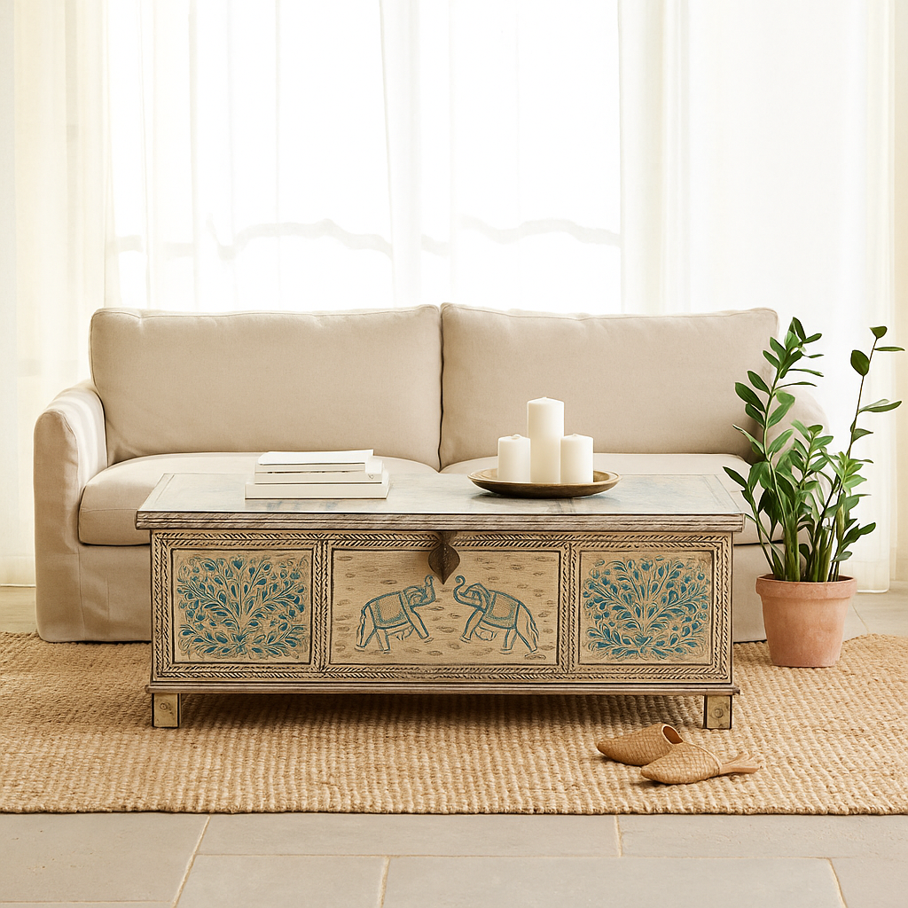 Lifestyle image of a hand-painted reclaimed teak wood chest with iron accents – teak wood chest and reclaimed wood furniture with bohemian artistic detail.