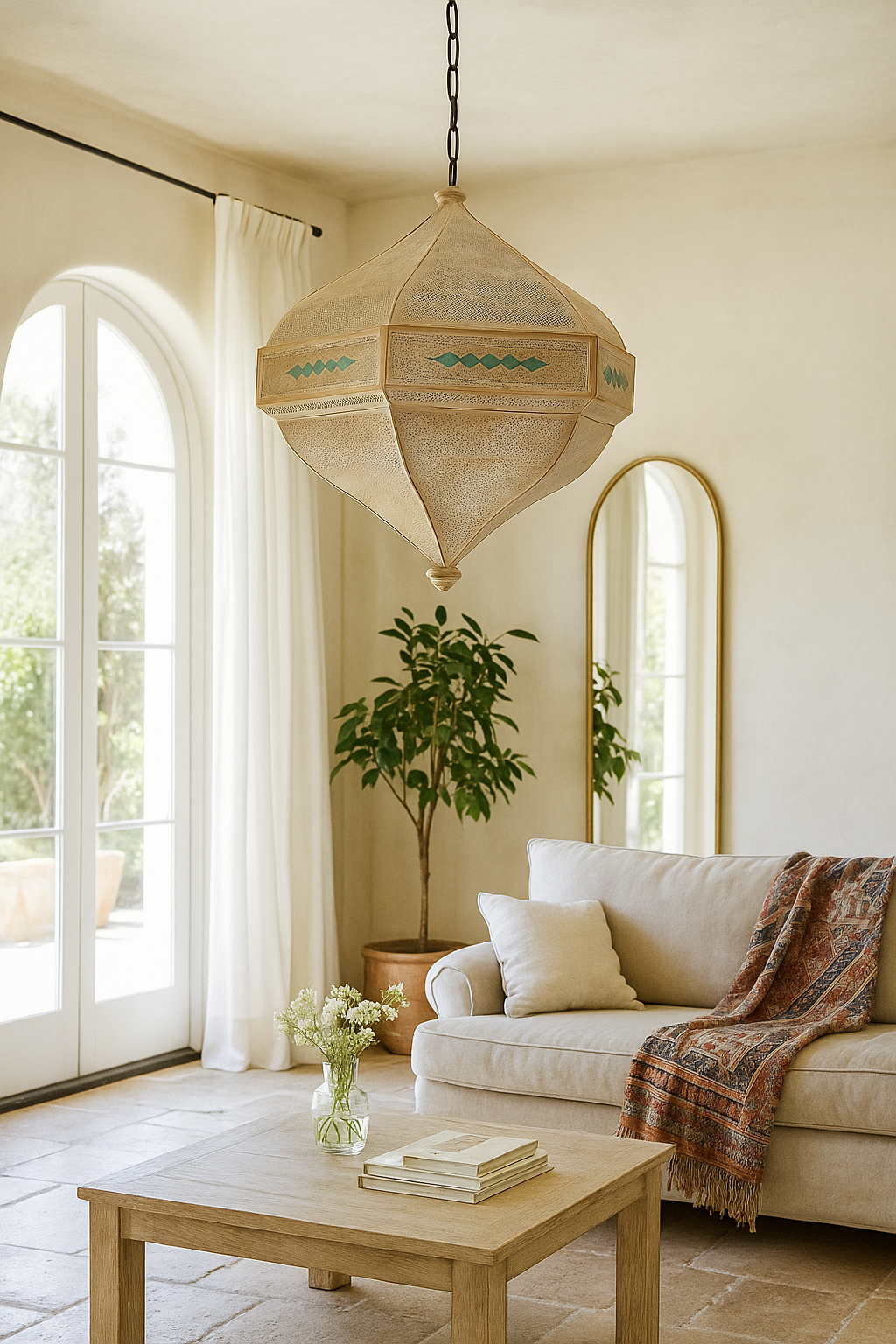 Lifestyle image of a Pendant lamp Lahar made from punched metal in sand tones with turquoise detail – 60x40 cm oriental hanging light casting atmospheric patterns.