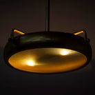Image showing a lighted large round pendant lamp with clear hand-blown glass and brass-plated iron frame – retro lighting and artsy lamp ideal for kitchens, living rooms, or dining areas.