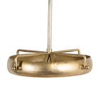 A round vintage pendant lamp with a brass-plated iron frame and a clear glass shade, viewed from the bottom showing the metallic structure.