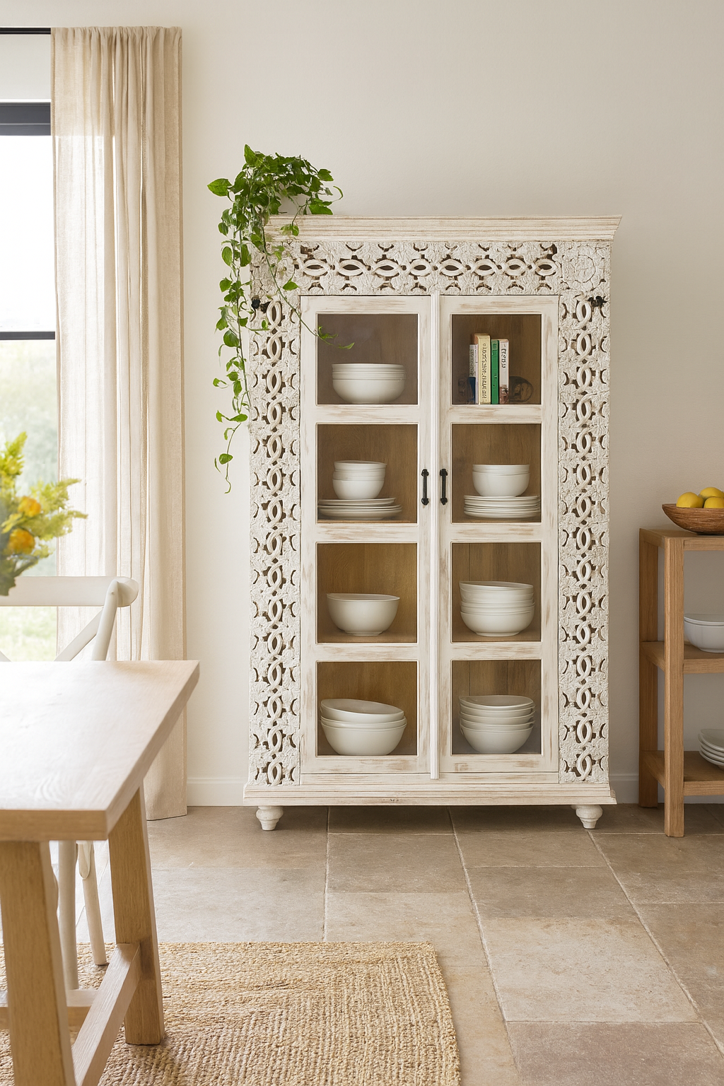 Lifestyle image of a handcrafted mango wood cabinet with glass-panelled doors and internal storage – carved wood furniture made from sustainable mango wood with unique natural grain.