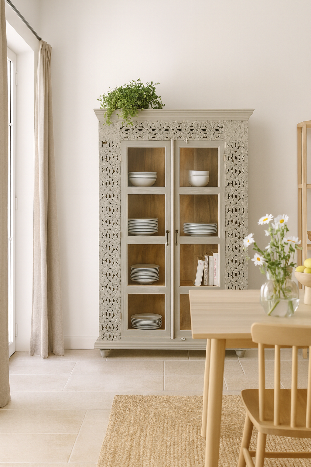 Lifestyle image of a handcrafted mango wood cabinet with glass-panelled doors and internal storage – carved wood furniture made from sustainable mango wood with unique natural grain.