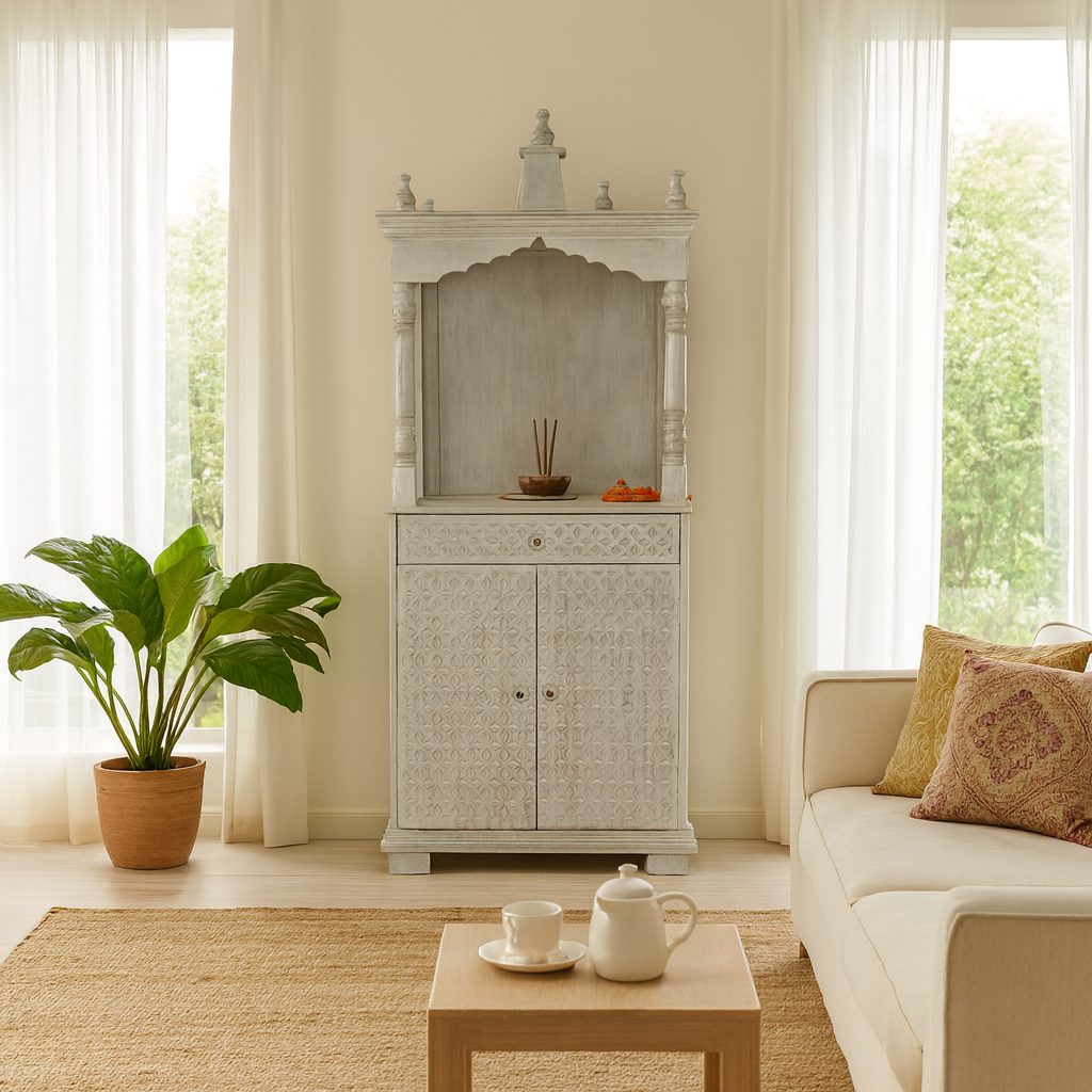 Lifestyle image of a Shivani mango wood house temple in whitewashed finish with carved floral doors and traditional arched canopy—an elegant example of hand-carved Mandirs and Indian home temples.