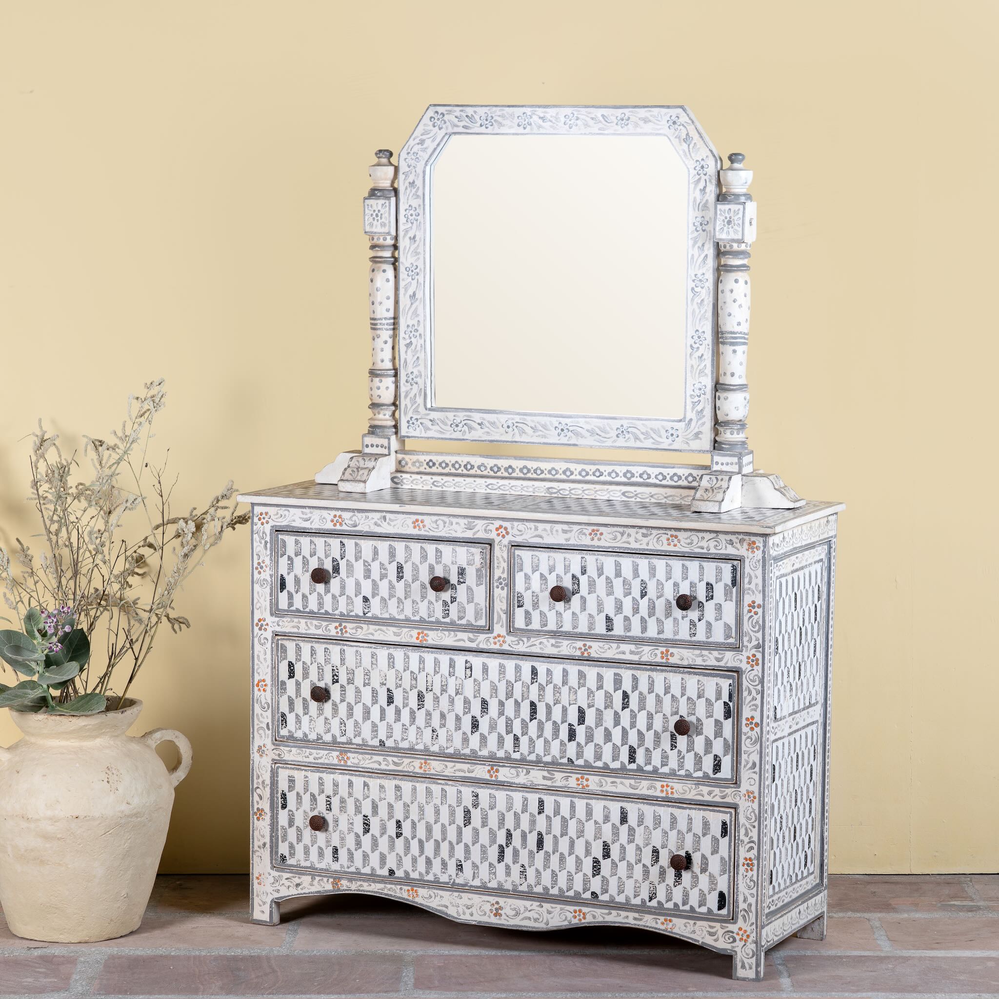 Side angle image of a hand-painted dressing table with mirror made of reclaimed wood – Meira model by Om Home & Garden