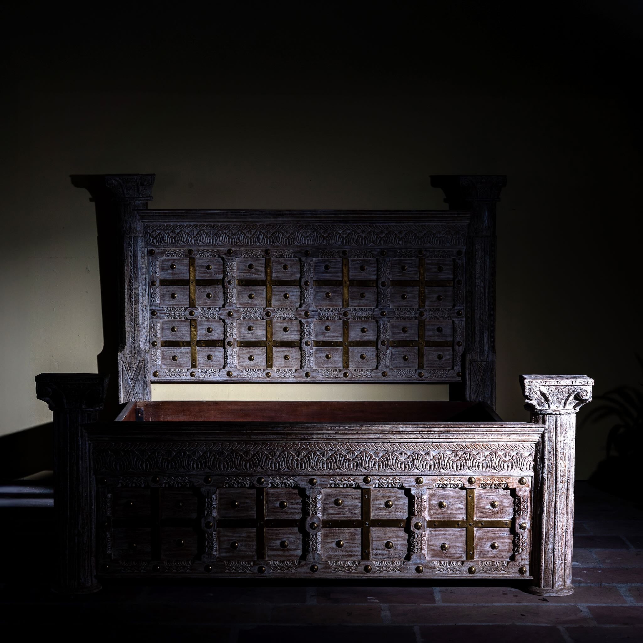 Handcrafted four poster bed made from reclaimed wood with carved detailing – Mirai model by Om Home & Garden