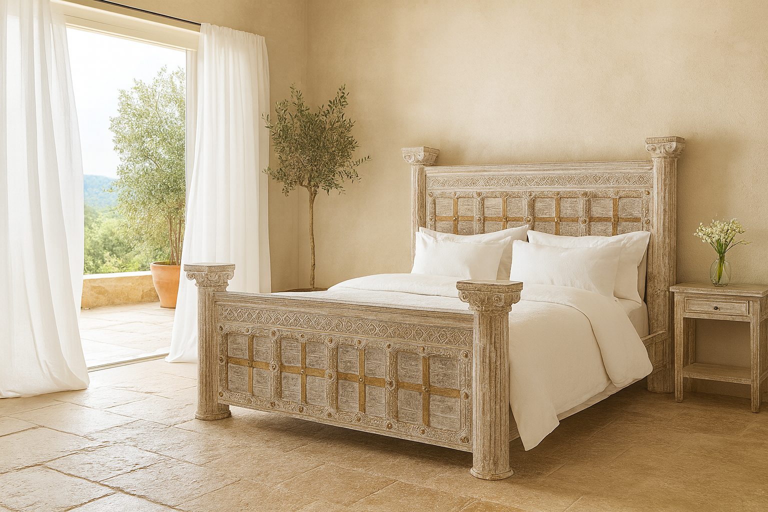 Bedroom with a wooden bed and white bedding, featuring a large window and potted plant.