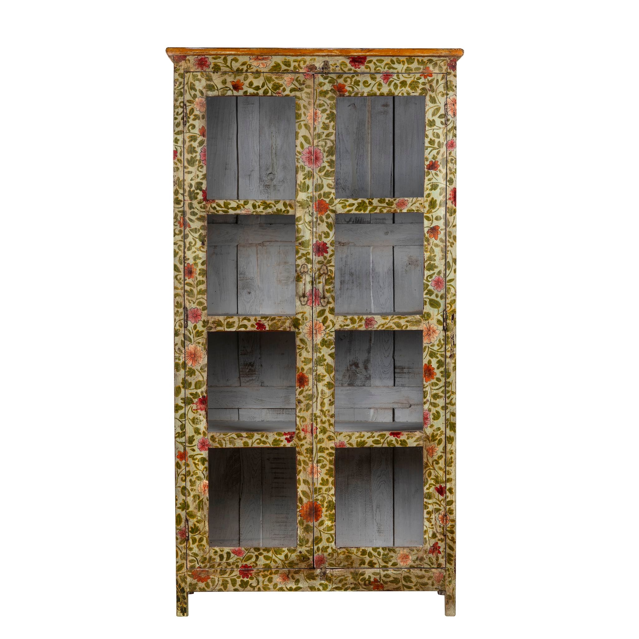 White background image of a hand-painted reclaimed wood showcase cabinet with floral motifs and glass doors, sustainable furniture and vintage home decor style, 95 × 48 × 183 cm.
