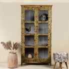Hand-painted reclaimed wood showcase cabinet with floral motifs and glass doors, sustainable furniture and vintage home decor style, 95 × 48 × 183 cm.