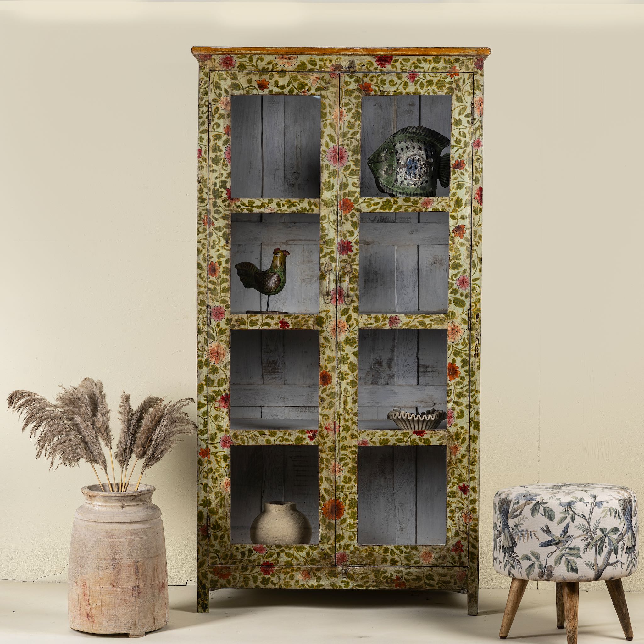 Hand-painted reclaimed wood showcase cabinet with floral motifs and glass doors, sustainable furniture and vintage home decor style, 95 × 48 × 183 cm.