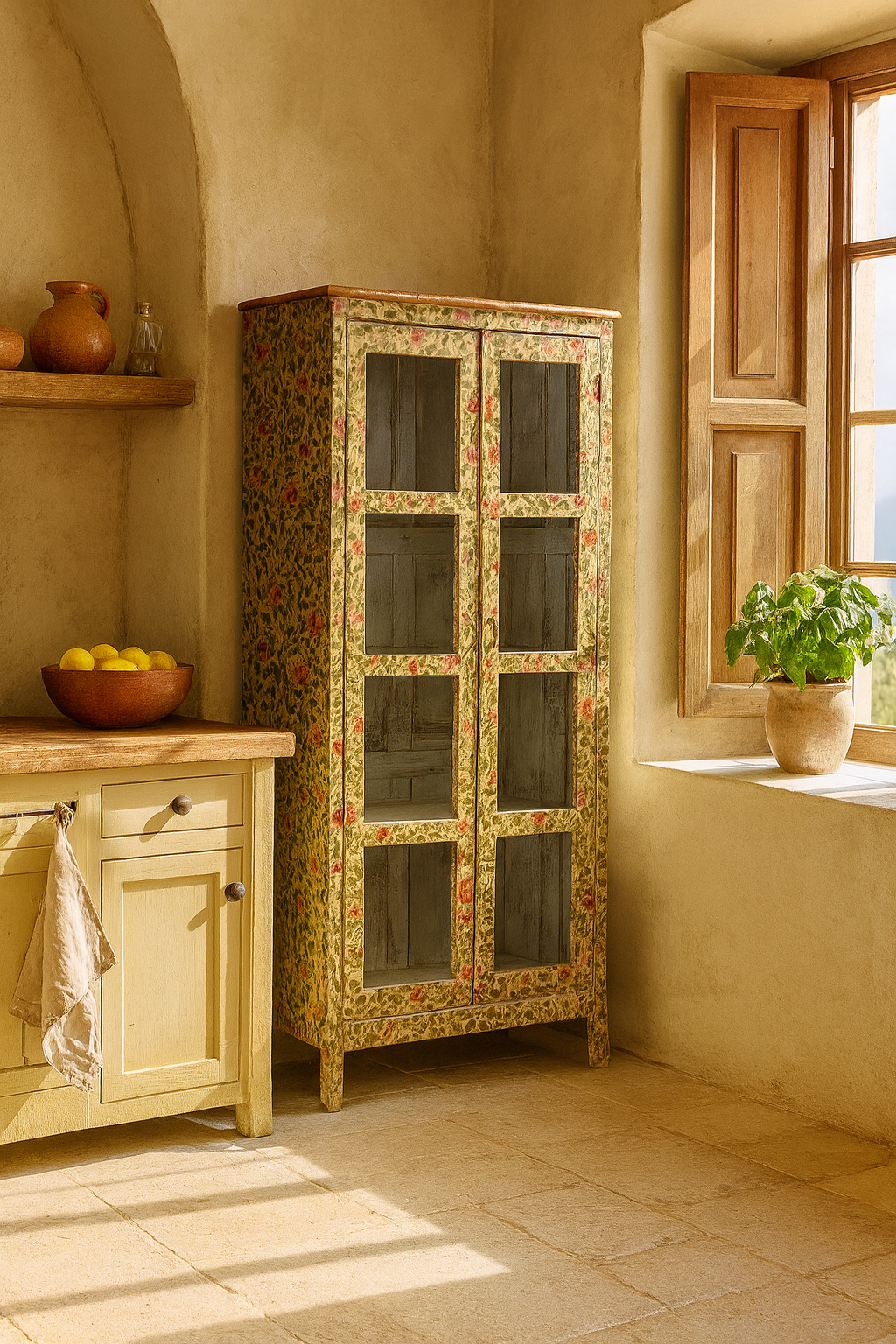 Lifestyle image of a hand-painted reclaimed wood showcase cabinet with floral motifs and glass doors, sustainable furniture and vintage home decor style, 95 × 48 × 183 cm.