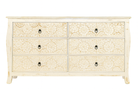 White background image of a handcrafted mango wood drawer chest with six hand-carved fronts, natural finish, and Mediterranean vintage furniture style – Nagpur by Om Home & Garden.