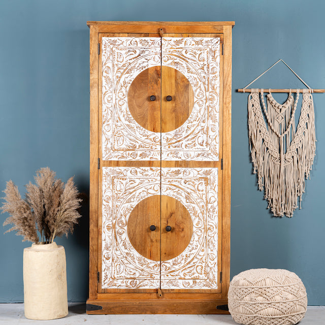 Mango wood furniture cabinet with full front floral carving, artisanal bedroom furniture with hand-carved details, 180 × 90 × 40 cm.