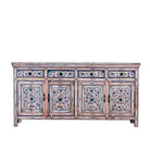 White background image of a hand painted wooden furniture sideboard with floral motifs, unique furniture piece made from reclaimed wood, 180 × 40 × 90 cm.