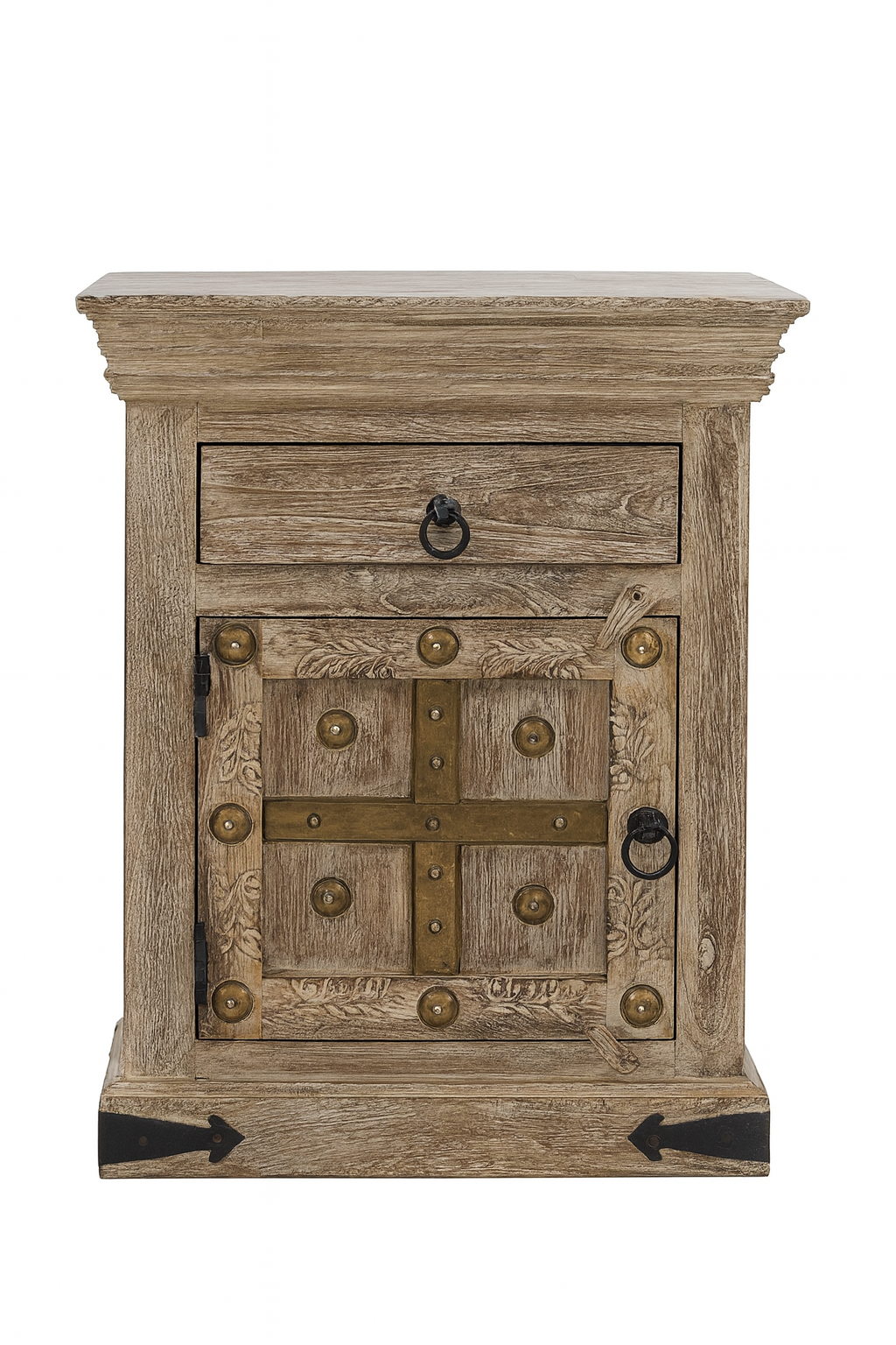 White background image of a rustic nightstand made from reclaimed wood with decorative iron accents and a distressed finish – Neeraja bedside table by Om Home & Garden