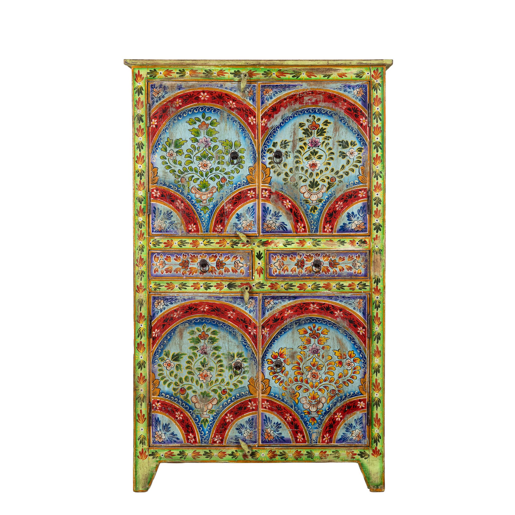 White background image of a hand-painted cabinet made from reclaimed wood with colourful floral motifs – a sustainable furniture piece ideal for expressive Indian home decor.