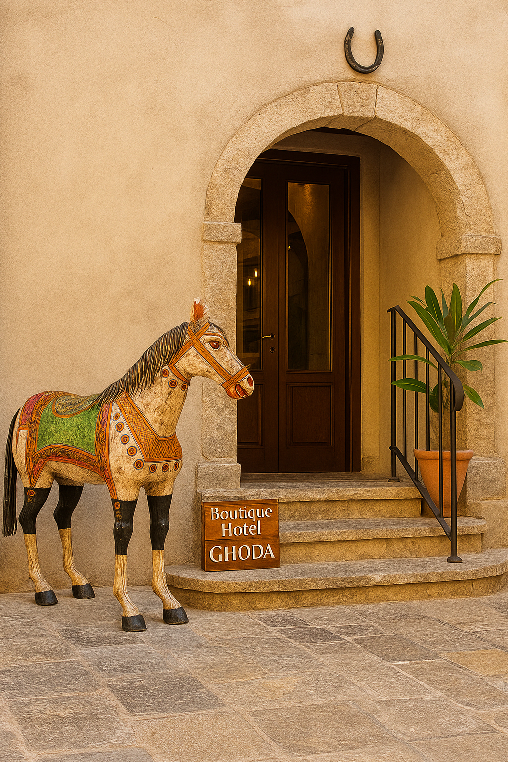 Lifestyle image of a large hand-painted decorative horse sculpture made of sheet metal in vibrant Rajasthani style, featuring intricate floral and geometric patterns in red, green, and black. Ideal for enhancing entrance areas, restaurant lobbies, hotel receptions, or luxury interior spaces.