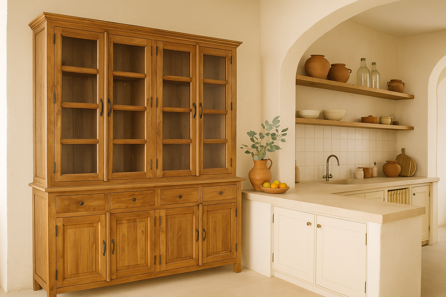 Lifestyle image with a two-part showcase cabinet made from reclaimed teak wood, featuring glass-panel upper doors for display, four drawers for storage, and lower cabinets with solid wood doors in a natural finish.