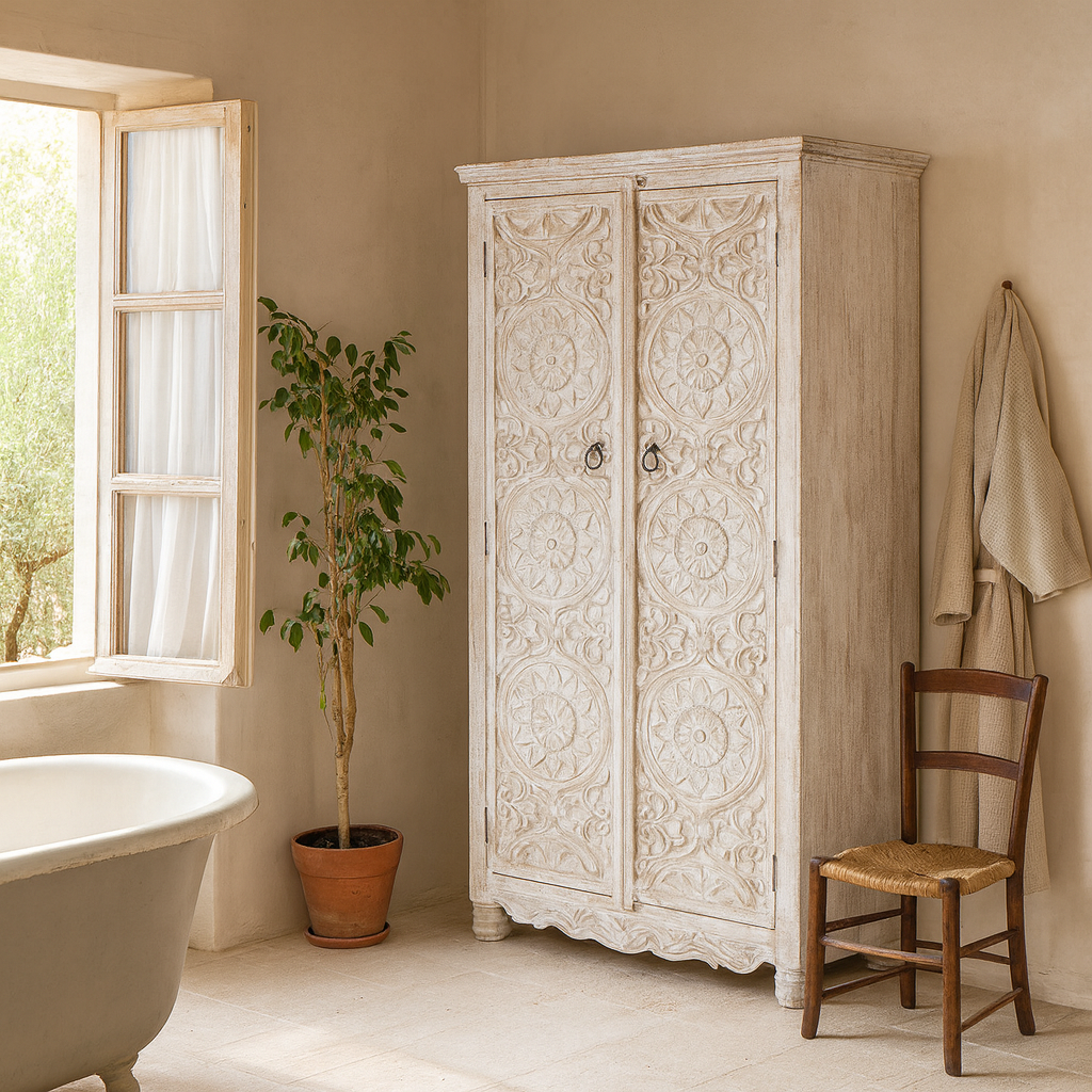Life style image of a hand-carved mango wood wardrobe with whitewashed finish; wooden wardrobe perfect for living room furniture or bedroom storage, 180 × 90 × 40 cm.