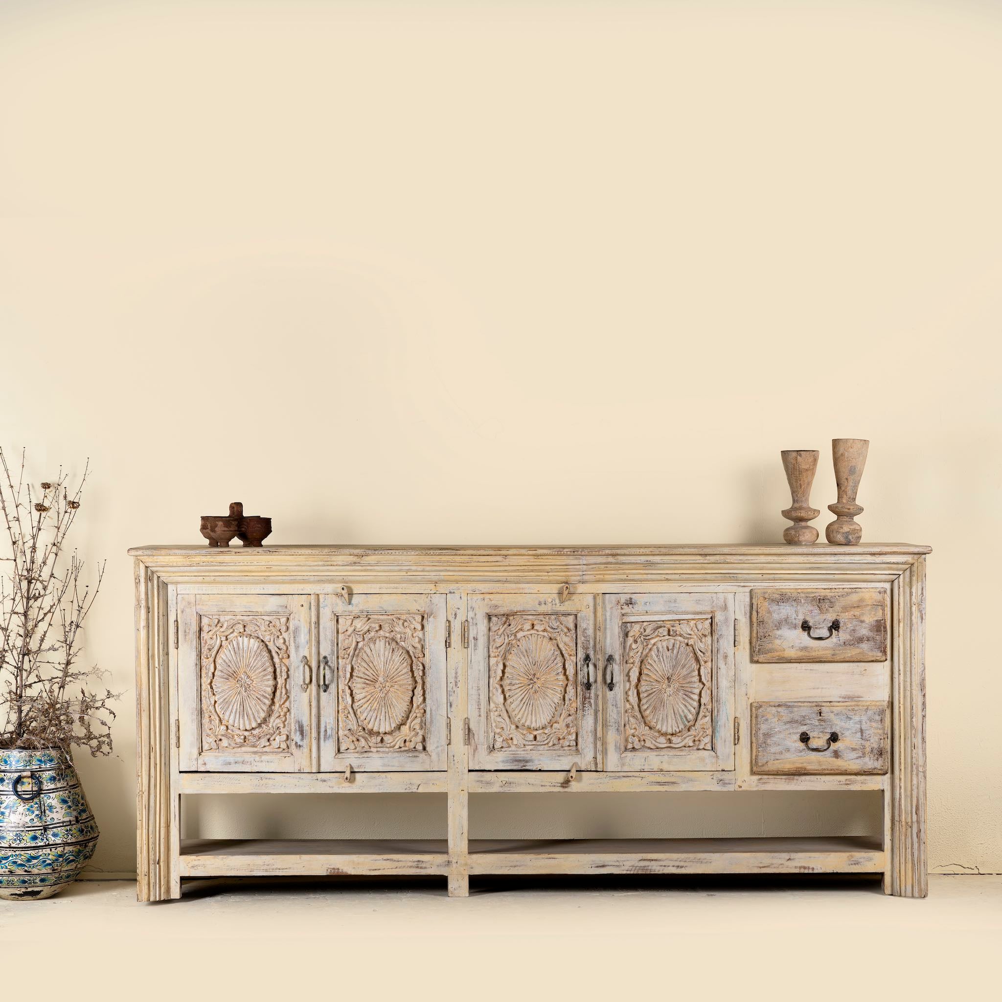 Antique console table wood with carved teak front, part of our teakwood tables collection.