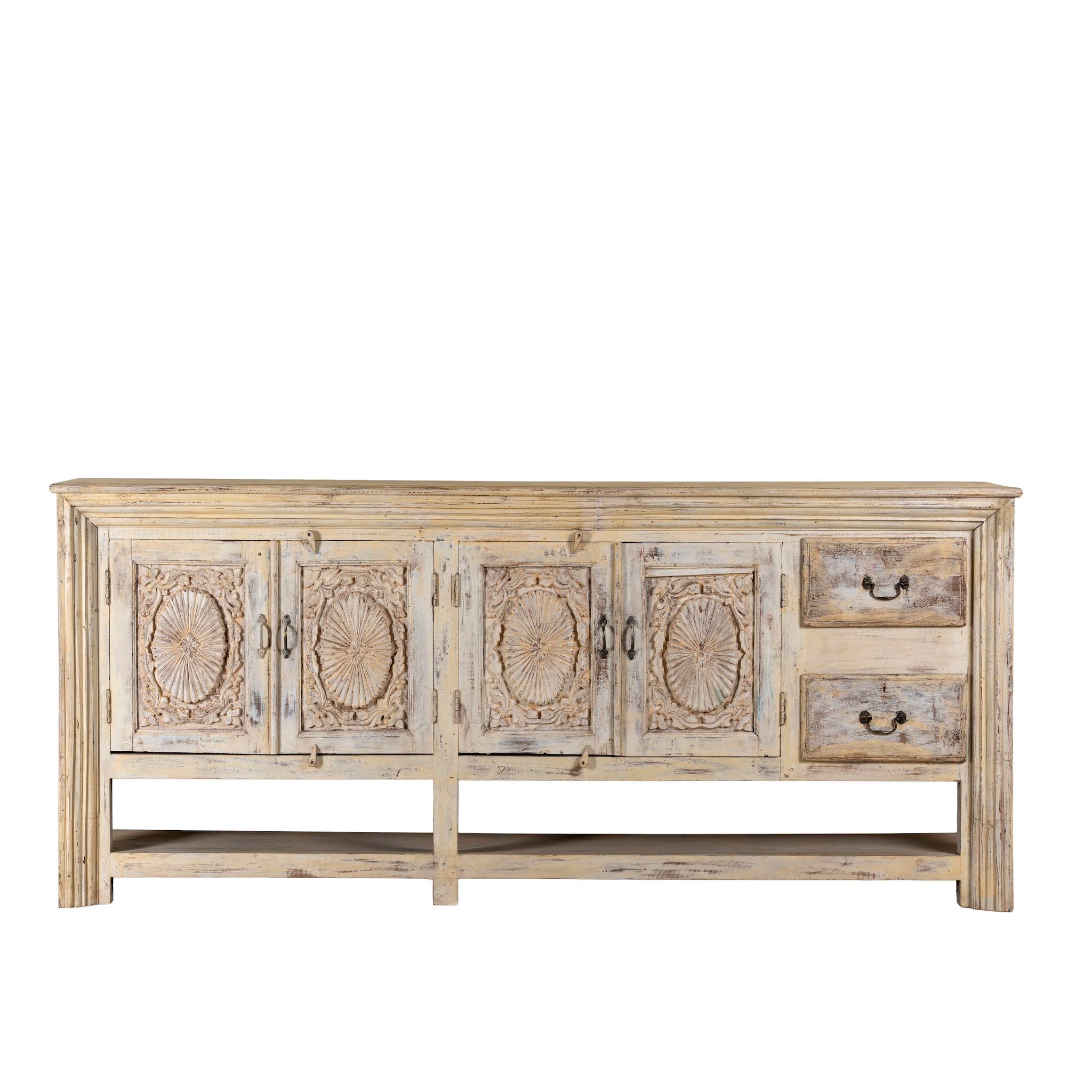 White background image of a antique console table wood with carved teak front, part of our teakwood tables collection.