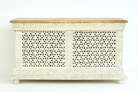 White background image of a handcrafted mango wood carved console table with Indian motifs; vintage-style entryway table with storage shelf, 150 × 90 × 40 cm.