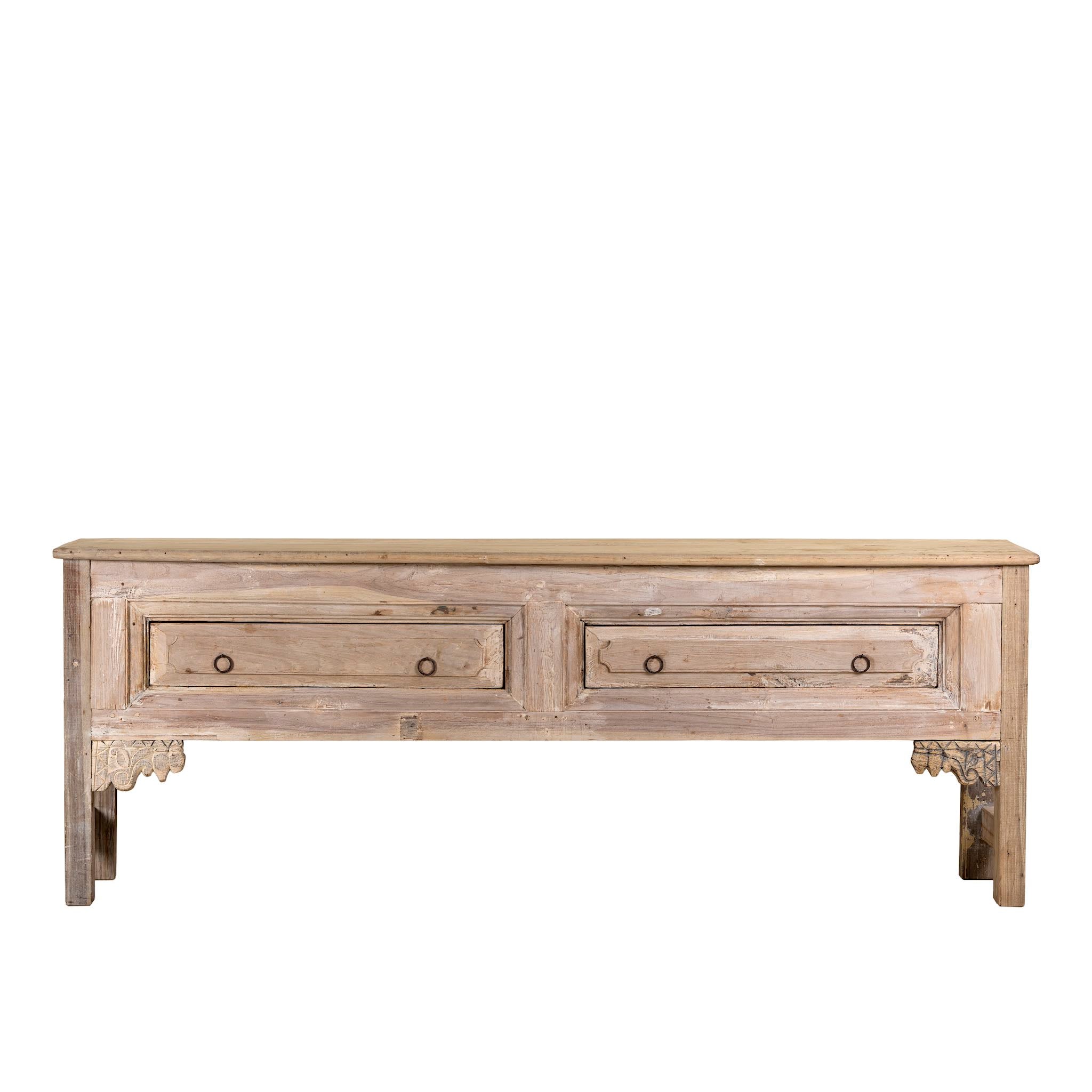 White background image of a carved console table made from reclaimed teak, a refined example of unique wooden furniture.