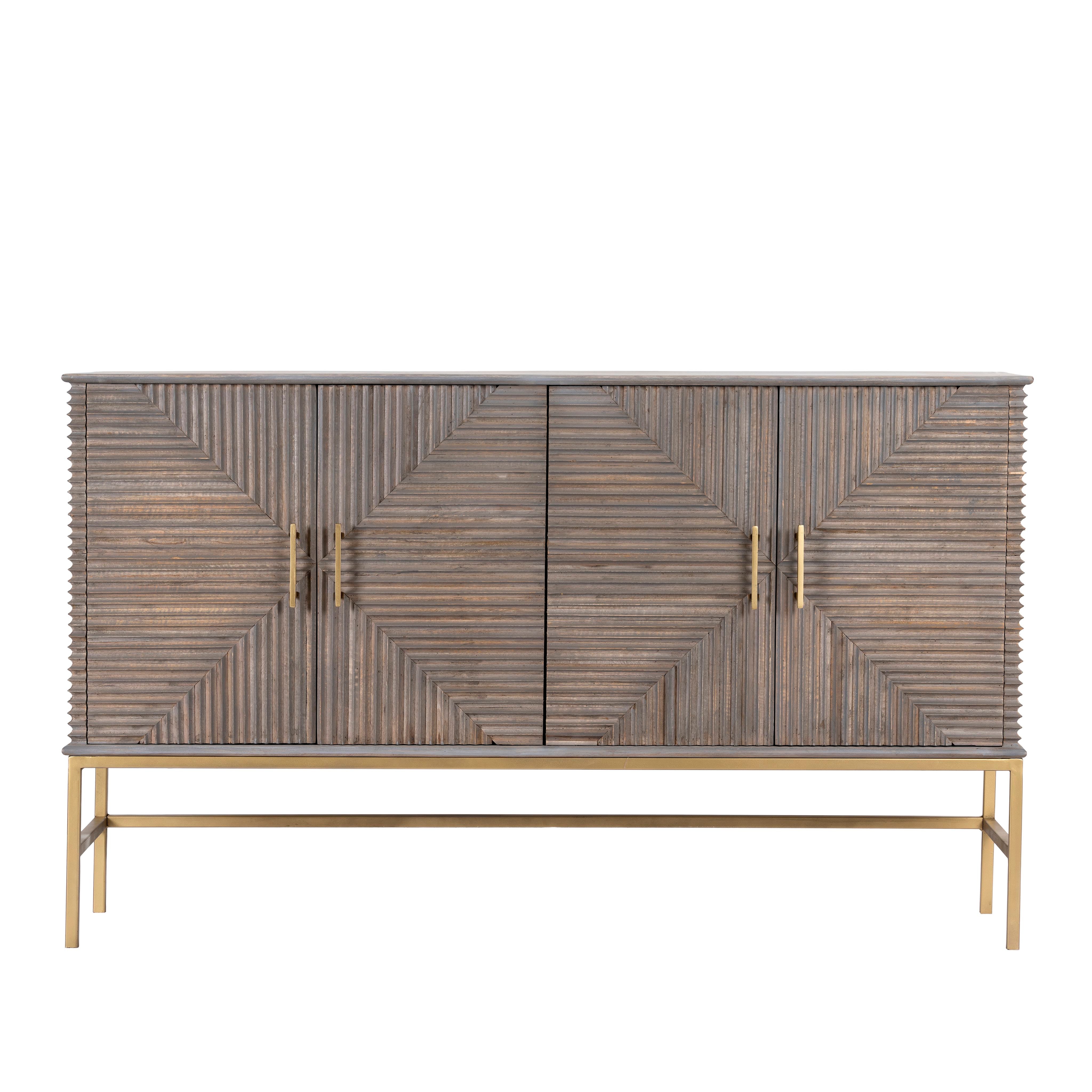 White background image of a handcrafted mango wood sideboard with grey wash finish and brass-plated iron base – Sahishnu by Om Home & Garden