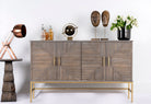 Artisanal wood carved sideboard in grey wash with contemporary brass base