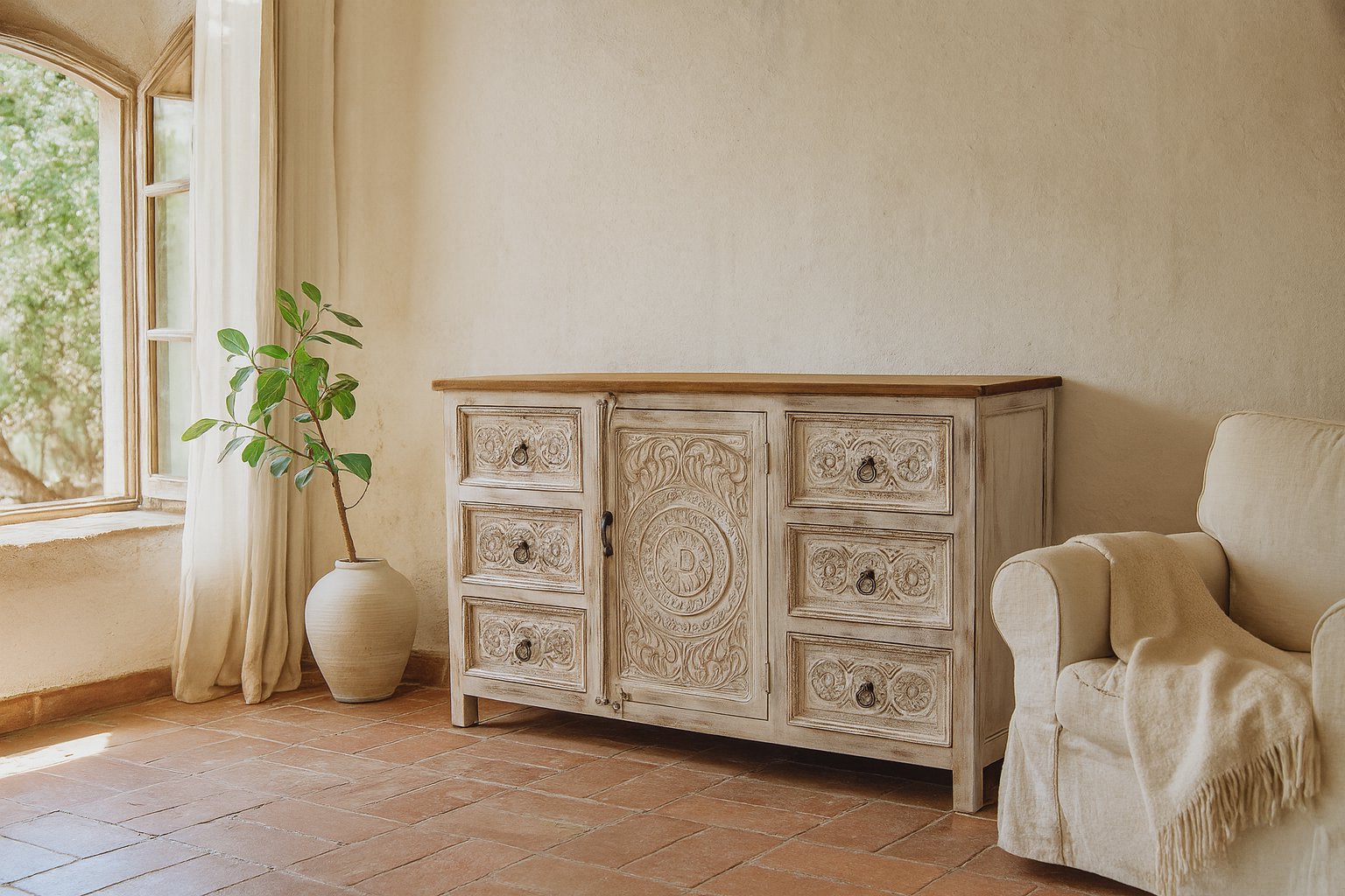 Handcrafted mango wood sideboard with carved floral motifs, whitewashed base and natural top; perfect for vintage home decor and living room furniture, 150 × 40 × 90 cm.