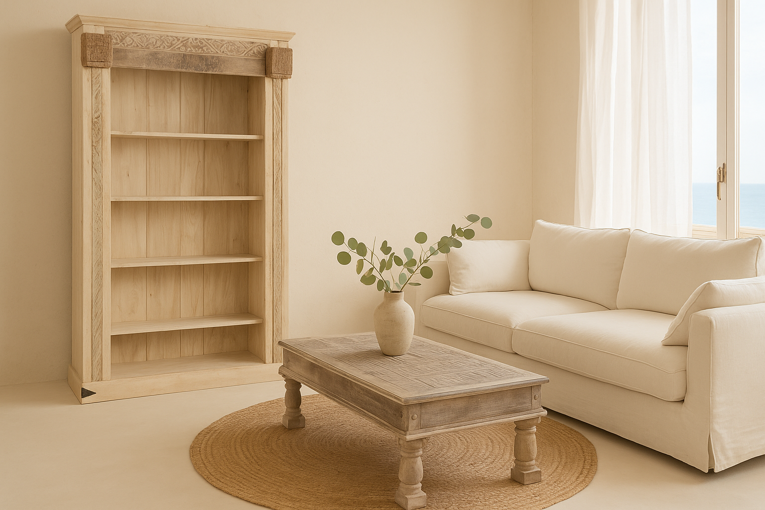 Beige sofa with a wooden coffee table and bookshelf in a room with light-colored walls.