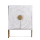 White background image of a whitewashed mango wood buffet with carved lines and antique brass iron base, 90 × 120 × 42 cm.