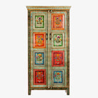 White background image of a hand-painted sustainable teak wood cabinet with floral motifs – Sangrur by Om Home & Garden, a one-of-a-kind piece of sustainable furniture with artistic expression.