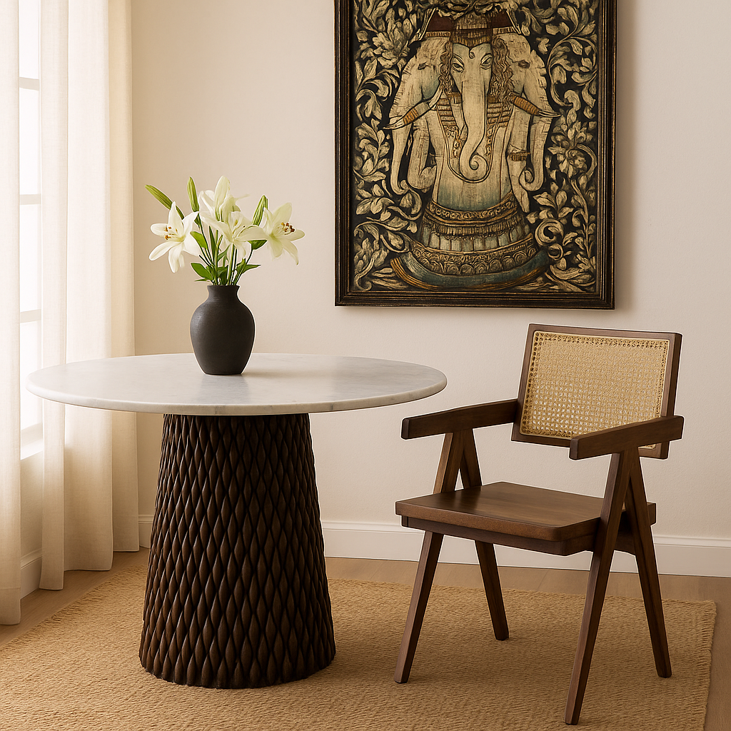 Lifestyle imagination of a round dining table with white marble top and solid mango wood base, handcrafted strip design; elegant marble furniture piece, 120 cm diameter × 72 cm height.