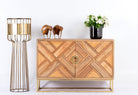 Handcrafted mango wood sideboard with tiled front design, brass stand, and handles—minimalistic style furniture blending natural warmth with refined elegance.