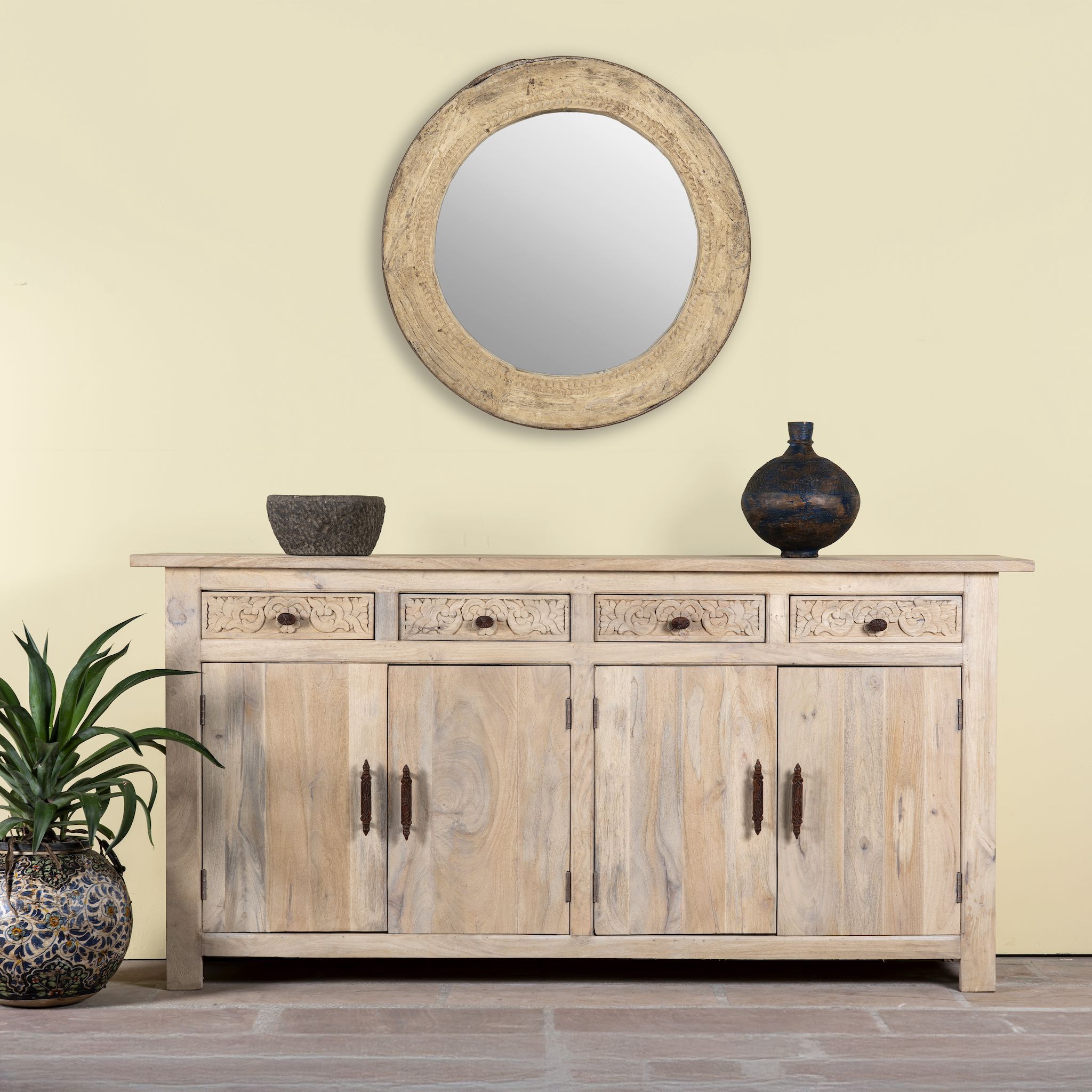 Hand-carved mango wood sideboard with sandblasted finish – a rustic mango wood furniture piece ideal for Ibiza style interiors.