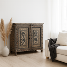 Hand-painted cupboard made from reclaimed wood with Indian floral motifs; ideal for boho chic living room or unique furniture decor, 100 × 92 × 36 cm.