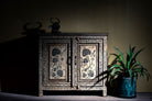 hand-painted cupboard made from reclaimed wood with Indian floral motifs; ideal for boho chic living room or unique furniture decor, 100 × 92 × 36 cm.