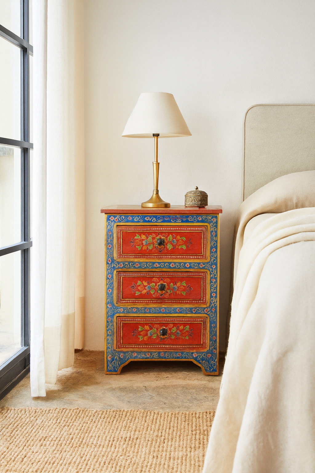 Lifestyle scene with a hand-painted reclaimed wood nightstand with vibrant floral motifs, featuring three drawers and a recycled wood top, placed next to a vase with dried plants.