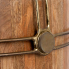 Close up image of a rustic single light pendant lamp with Mango wood and antique brass iron frame – minimalistic style lighting ideal for dining tables, kitchen islands, or cozy living areas.