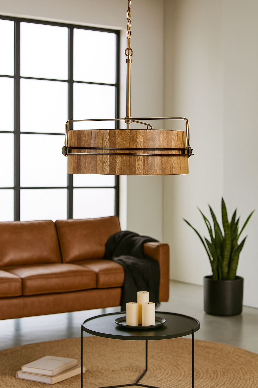 Lifestyle image of a rustic single light pendant lamp with Mango wood and antique brass iron frame – minimalistic style lighting ideal for dining tables, kitchen islands, or cozy living areas.