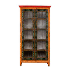 White background image of a hand-painted reclaimed wood showcase with floral motifs and glass doors – sustainable furniture combining vintage charm and traditional craftsmanship.