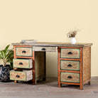 Side angle image with open drawers of a hand-painted desk made of reclaimed wood with floral detailing – Tejasvini model by Om Home & Garden